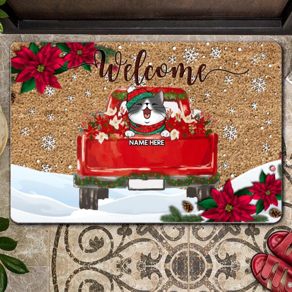 Christmas Personalized Doormat, Gifts For Cat Lovers, Welcome Red Poinsettia Holiday Doormat