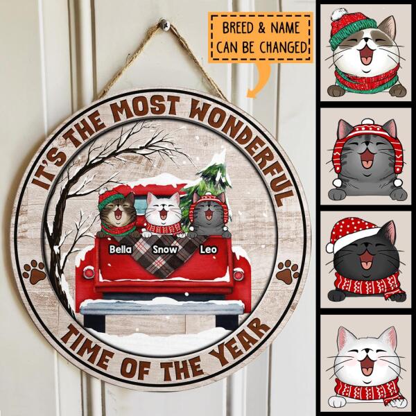 Christmas Door Decorations, Gifts For Cat Lovers, It's The Most Wonderful Time Of The Year Old Wooden Red Truck , Cat Mom Gifts