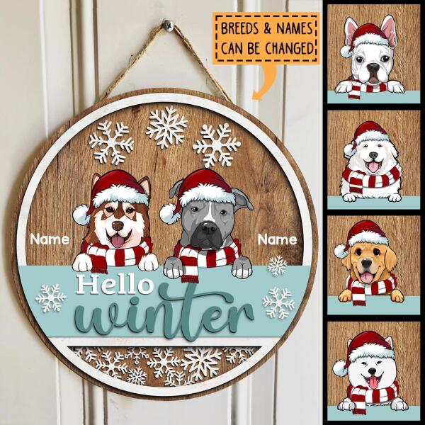 Christmas Door Decorations, Gifts For Dog Lovers, Hello Winter Brown & Mint Background Welcome Door Signs , Dog Mom Gifts