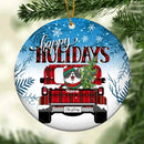 Happy Holidays Red Truck Blue Ombre Circle Ceramic Ornament - Personalized Cat Lovers Decorative Christmas Ornament