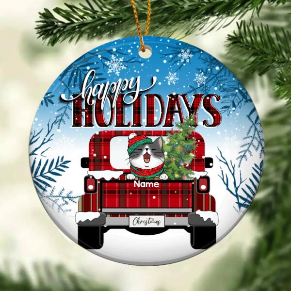 Happy Holidays Red Truck Blue Ombre Circle Ceramic Ornament - Personalized Cat Lovers Decorative Christmas Ornament