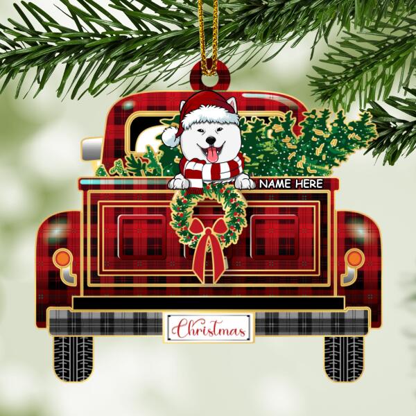 Personalised Xmas Dog On Red Plaid Truck Shaped Wooden Ornament - Personalized Dog Lovers Decorative Christmas Ornament
