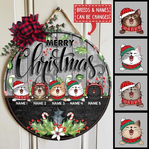 Christmas Door Decorations, Gifts For Cat Lovers, Merry Christmas Black & Grey Welcome Door Signs , Cat Mom Gifts