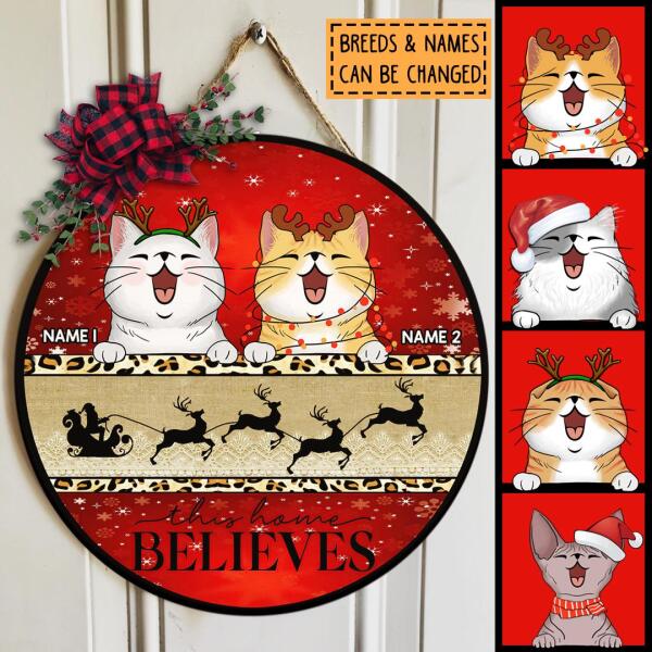 Christmas Door Decorations, Gifts For Cat Lovers, This Home Believes Santa's Sleigh Red And Gold Welcome Door Signs , Cat Mom Gifts