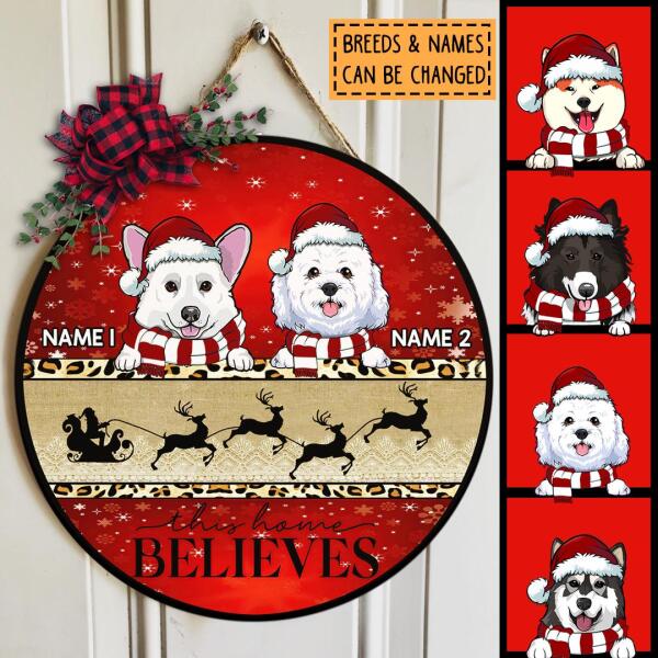 Christmas Door Decorations, Gifts For Dog Lovers, This Home Believes Santa's Sleigh Red And Gold Welcome Door Signs , Dog Mom Gifts