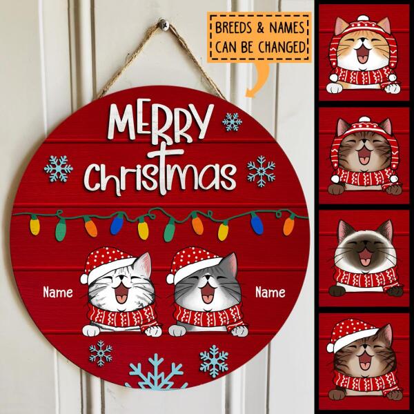 Christmas Door Decorations, Gifts For Cat Lovers, Merry Christmas String Lights Red Background Welcome Door Signs , Cat Mom Gifts
