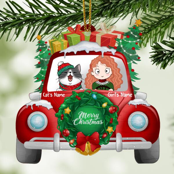 Merry Christmas Cat & Girl In Red Truck Shaped Wooden Ornament - Personalized Cat Lovers Decorative Christmas Ornament