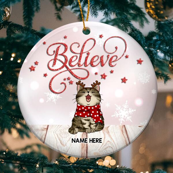 Believe Pink Xmas Background Circle Ceramic Ornament - Personalized Cat Lovers Decorative Christmas Ornament