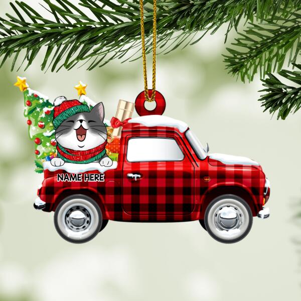 Personalised Cat In Red Plaid Truck Shaped Wooden Ornament - Personalized Cat Lovers Decorative Christmas Ornament
