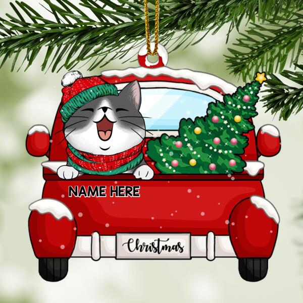 Personalised Cat On Red Truck Shaped Wooden Ornament - Personalized Cat Lovers Decorative Christmas Ornament