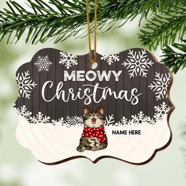Meowy Christmas Red Or Brown V1 Ornate Shaped Wooden Ornament - Personalized Cat Lovers Decorative Christmas Ornament