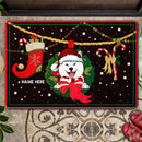Christmas Personalized Doormat, Gifts For Dog Lovers, Dog In Wreath With Xmas Stocking And Candy Holiday Doormat