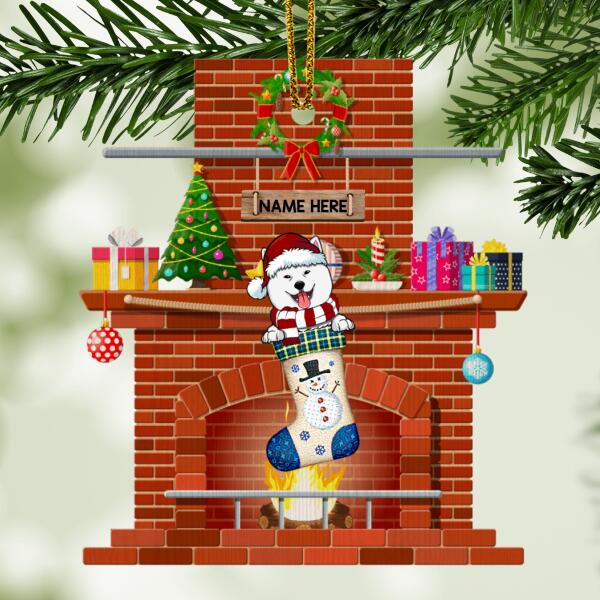 Dog In Xmas Stocking Brick Fireplace Shaped Wooden Ornament - Personalized Dog Lovers Decorative Christmas Ornament