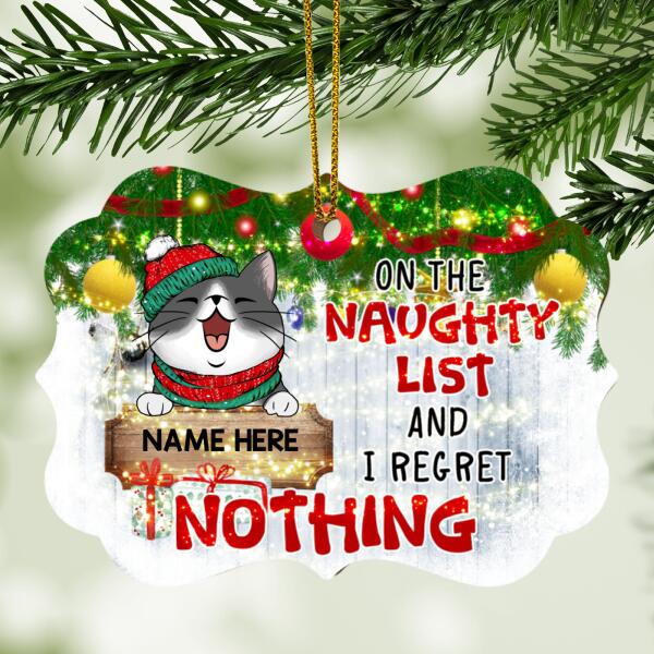 On The Naughty List And I Regret Nothing Ornate Shaped Wooden Ornament - Personalized Cat Decorative Christmas Ornament