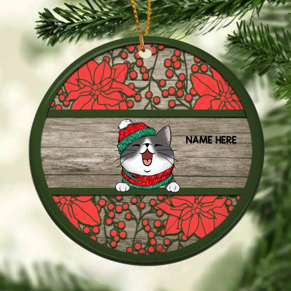 Xmas Cat On Wooden With Poinsettia Circle Ceramic Ornament - Personalized Cat Lovers Decorative Christmas Ornament