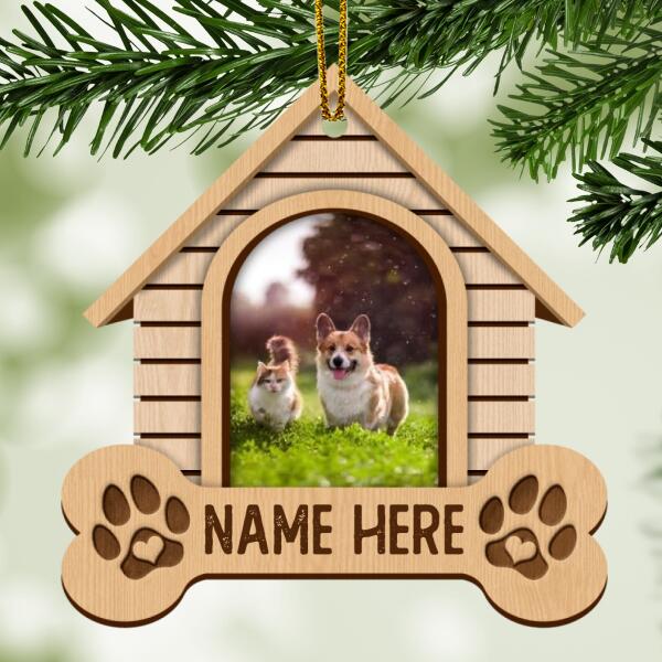 Custom Photo Wooden House With Bone Shaped Wooden Ornament - Personalized Dog & Cat Lovers Decorative Christmas Ornament