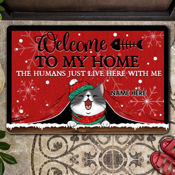 Christmas Welcome To Our Home Front Door Mat, Gifts For Cat Lovers, Cat Peeking From Curtain Custom Doormat
