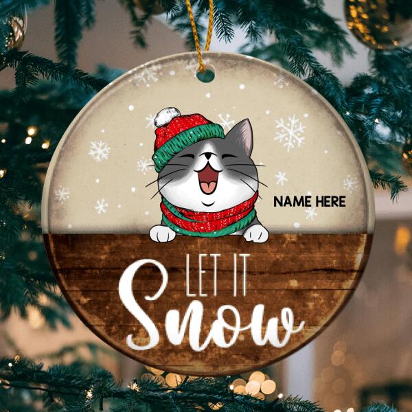 Personalised Let It Snow Brown Wooden Circle Ceramic Ornament - Personalized Cat Lovers Decorative Christmas Ornament