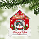 Personalised Cat In Red House With Bone Shaped Wooden Ornament - Personalized Cat Lovers Decorative Christmas Ornament