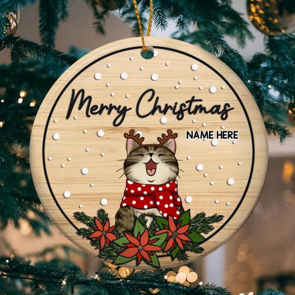 Merry Christmas White Dots On Wood Circle Ceramic Ornament - Personalized Cat Lovers Decorative Christmas Ornament