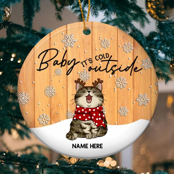 Baby It's Cold Outside Yellow Wooden Circle Ceramic Ornament - Personalized Cat Lovers Decorative Christmas Ornament