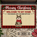 Christmas Welcome To Our Home Front Door Mat, Gifts For Cat Lovers, Meowy Christmas Plaid Personalized Doormat