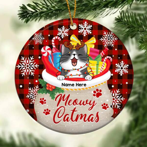 Meowy Catmas Cat In Santa's Bag Red Plaid Circle Ceramic Ornament - Personalized Cat Decorative Christmas Ornament