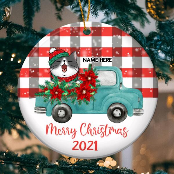 Merry Christmas Blue Truck Plaid Circle Ceramic Ornament - Personalized Cat Lovers Decorative Christmas Ornament