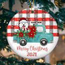 Merry Christmas Blue Truck Plaid Circle Ceramic Ornament - Personalized Dog Lovers Decorative Christmas Ornament