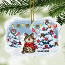 Personalised Cat In Snow Blue Gray Ornate Shaped Wooden Ornament - Personalized Cat Lovers Decorative Christmas Ornament