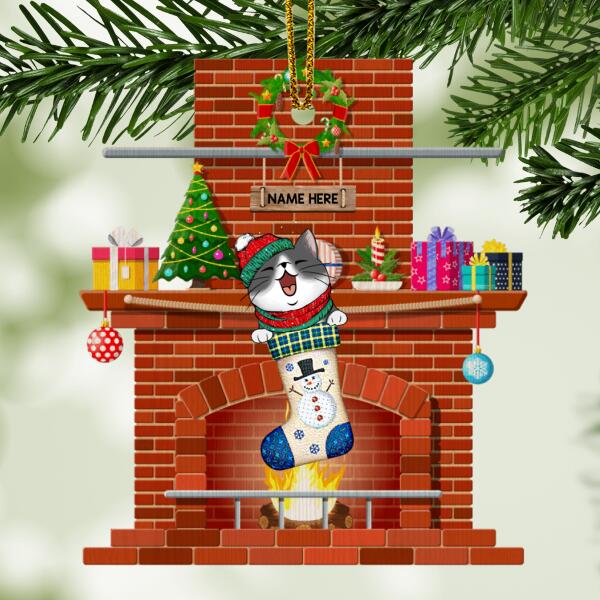 Cat In Xmas Stocking Brick Fireplace Shaped Wooden Ornament - Personalized Cat Lovers Decorative Christmas Ornament