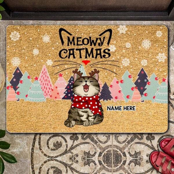 Christmas Front Door Mat, Gifts For Cat Lovers, Meowy Catmas Cats With Pine Trees Personalized Doormat