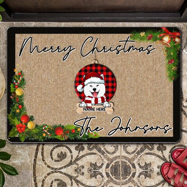 Christmas Front Door Mat, Gifts For Dog Lovers, Merry Christmas Dogs In Plaid Ball Bauble Personalized Doormat