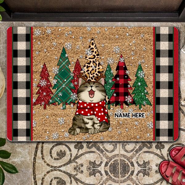 Christmas Personalized Doormat, Gifts For Cat Lovers, Cat With Pine Trees Plaid On Either Side Outdoor Door Mat