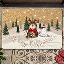 Christmas Personalized Doormat, Gifts For Cat Lovers, Meowy Christmas Brown Snow Field Outdoor Door Mat