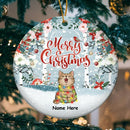 Personalised Merry Christmas Floral Gray Circle Ceramic Ornament - Personalized Cat Lovers Decorative Christmas Ornament