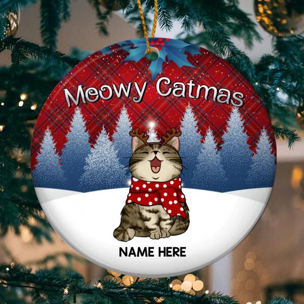 Meowy Catmas Red Plaid Blue Tree Circle Ceramic Ornament - Personalized Cat Lovers Decorative Christmas Ornament