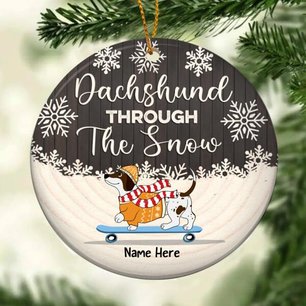 Dachshund Through The Snow Brown Wooden Circle Ceramic Ornament - Personalized Dog Lovers Decorative Christmas Ornament