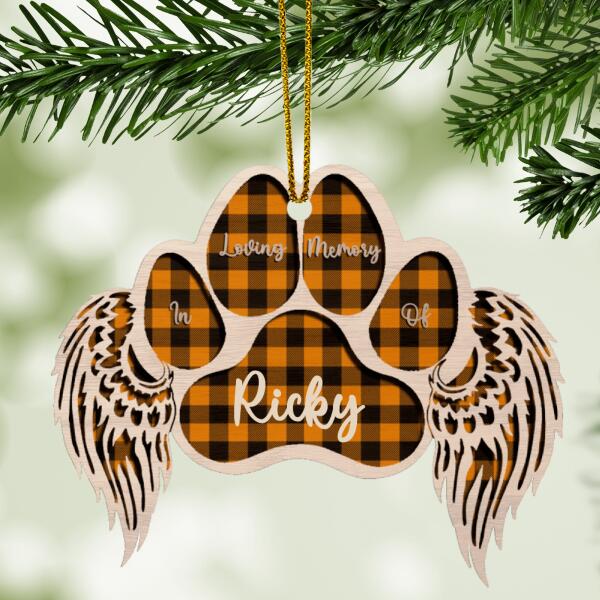 In Loving Memory Of Custom Plaid Angel Paw Shaped Wooden Ornament - Personalized Dog & Cat Decorative Christmas Ornament