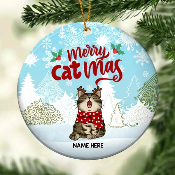 Personalised Merry Catmas Blue Sky Circle Ceramic Ornament - Personalized Cat Lovers Decorative Christmas Ornament