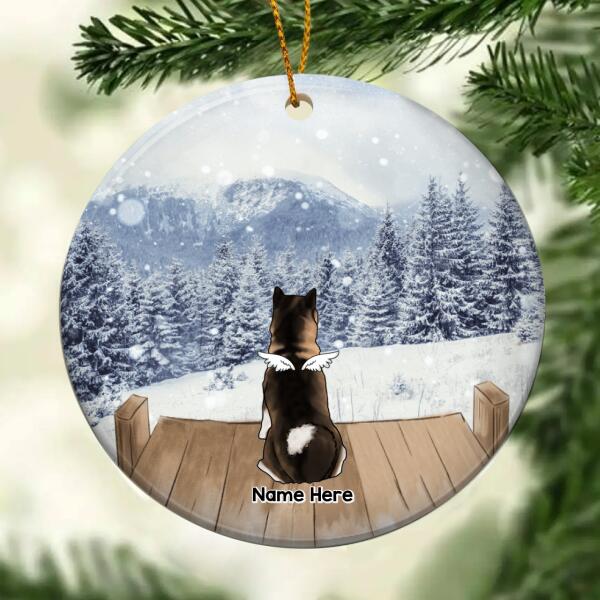Snowy Field Grey Sky Memorial Circle Ceramic Ornament - Personalized Angel Dog Decorative Christmas Ornament