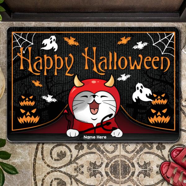 Halloween Custom Doormat, Gifts For Cat Lovers, Happy Halloween Cat Peeking From Curtain Holiday Doormat