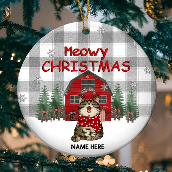Meowy Christmas Grey And White Plaid Circle Ceramic Ornament - Personalized Cat Lovers Decorative Christmas Ornament