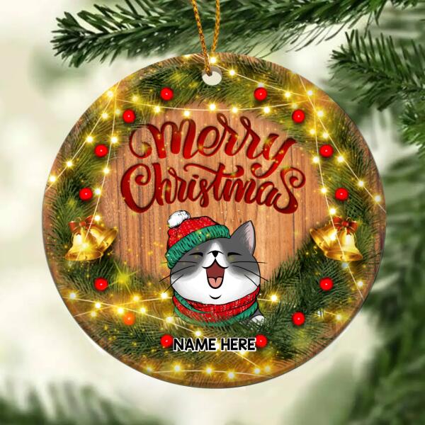 Merry Christmas Wreath With Warm Light Circle Ceramic Ornament - Personalized Cat Lovers Decorative Christmas Ornament