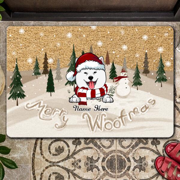Christmas Personalized Doormat, Gifts For Dog Lovers, Merry Woofmas Brown Snow Field Outdoor Door Mat