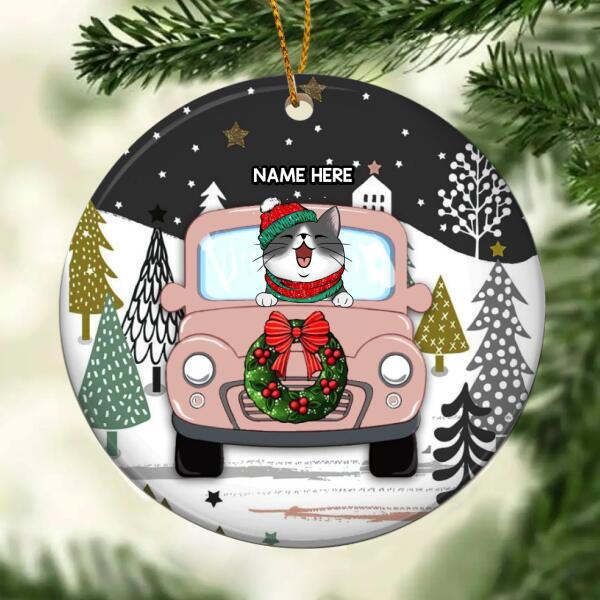 Personalised Merry Christmas Pink Truck Circle Ceramic Ornament - Personalized Cat Lovers Decorative Christmas Ornament
