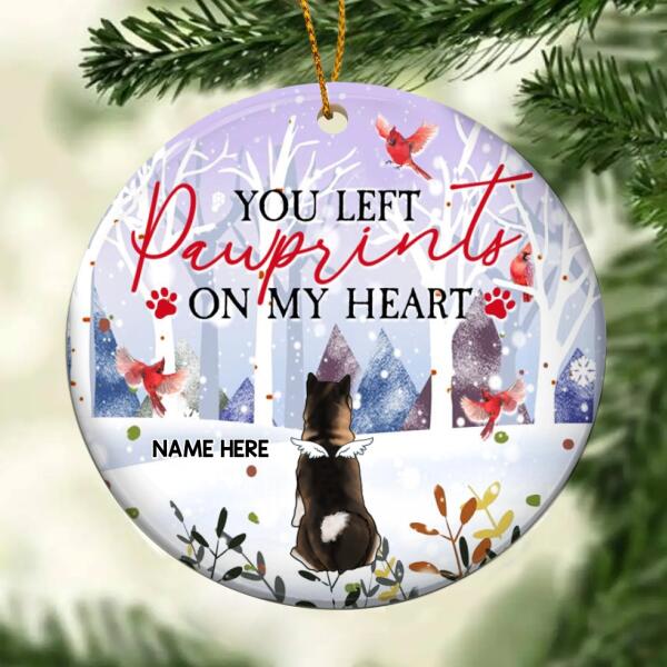 You Left Pawprints On My Heart Purple Circle Ceramic Ornament - Personalized Angel Dog Decorative Christmas Ornament