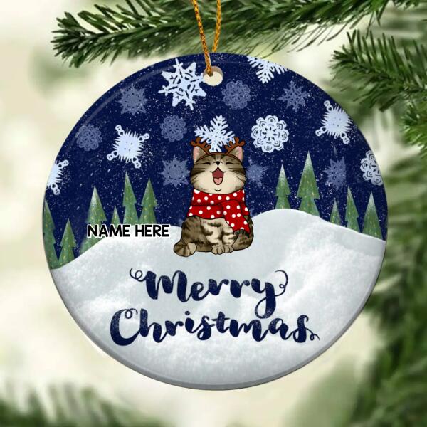 Merry Christmas White Snowflake Navy Circle Ceramic Ornament - Personalized Cat Lovers Decorative Christmas Ornament