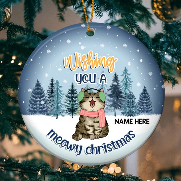 Wishing You A Meowy Christmas Navy Tone Circle Ceramic Ornament - Personalized Cat Lovers Decorative Christmas Ornament