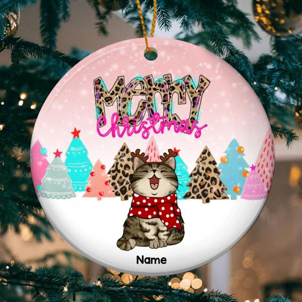 Merry Christmas Leopard And Pink Circle Ceramic Ornament - Personalized Cat Lovers Decorative Christmas Ornament
